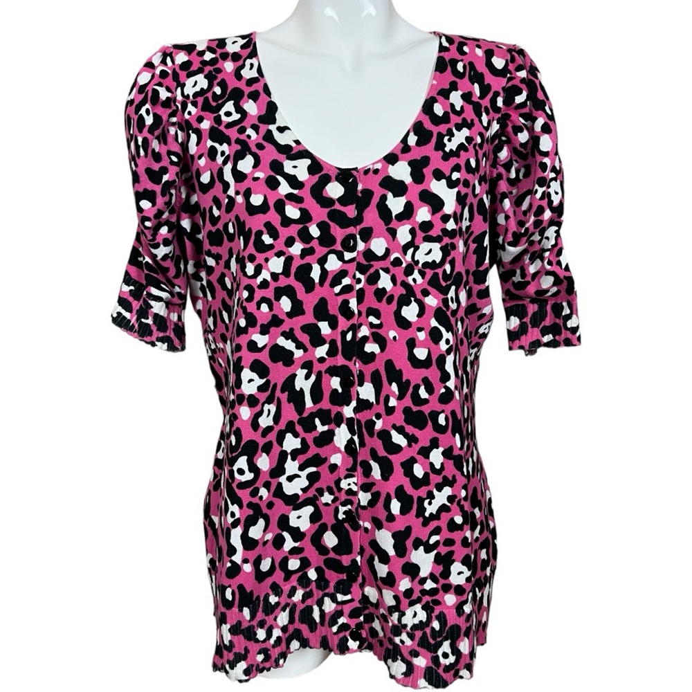 Metrostyle Scoop Neck Puff Sleeve Animal Print Button Front Sweater/Cardigan XL